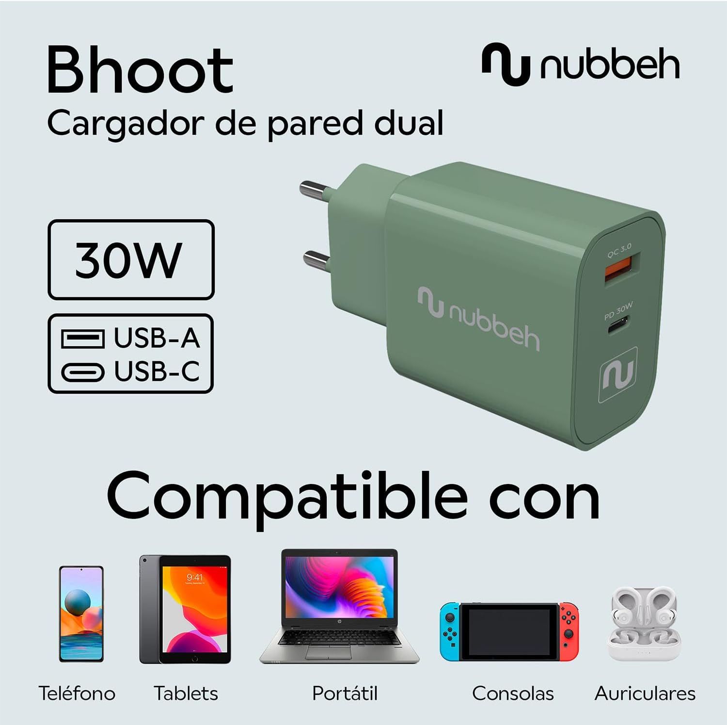 NBWALLCHG - Cargador de Pared NUBBEH Booth USB-C 30W Quick Charger 4.0/3.0 PD 3.0/2.0 Verde (NBWALLCHG)