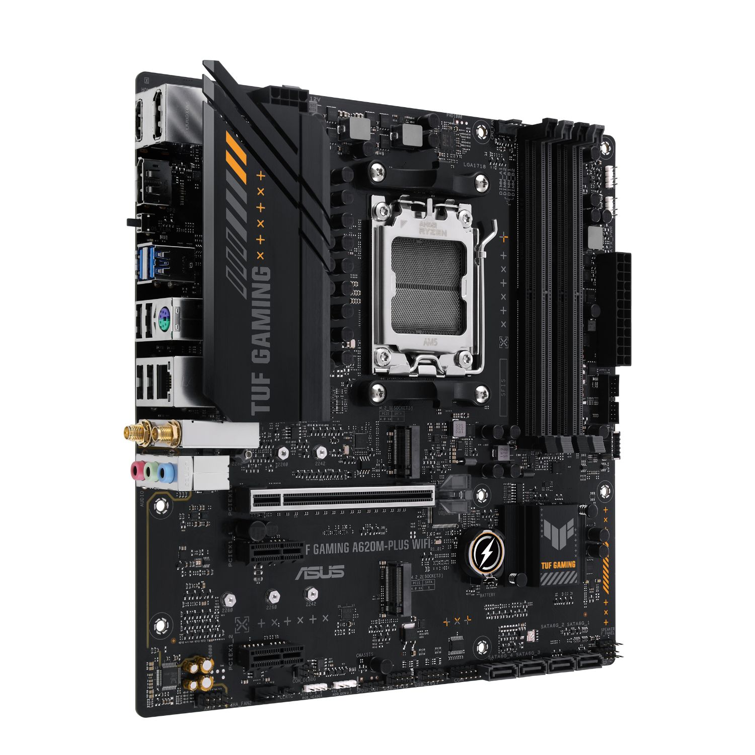 90MB1F00-M0EAY0 - Placa base ASUS TUF GAMING A620M-PLUS WIFI: (AM5) 4DDR5 M.2 SATA3 PCIe USB 2.0 USB-A 3.0 HDMI DP RJ45 PS/2 7.1 mATX WiFi Bluetooth 5.3 Gigabit Ethernet 2.5