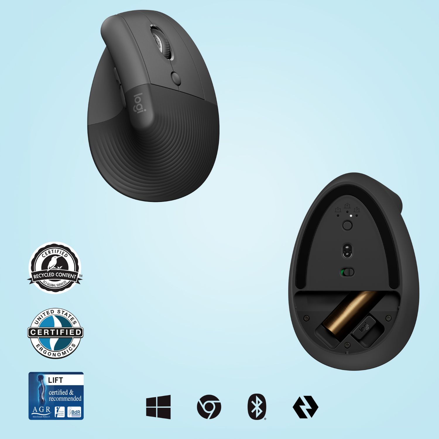 910-006473 - Ratn Logitech Lift Vertical Ergonmico Diestro ptico RF Wireless 2.4GHz/Bluetooth 4000dpi 6 Botones Grafito (910-006473)