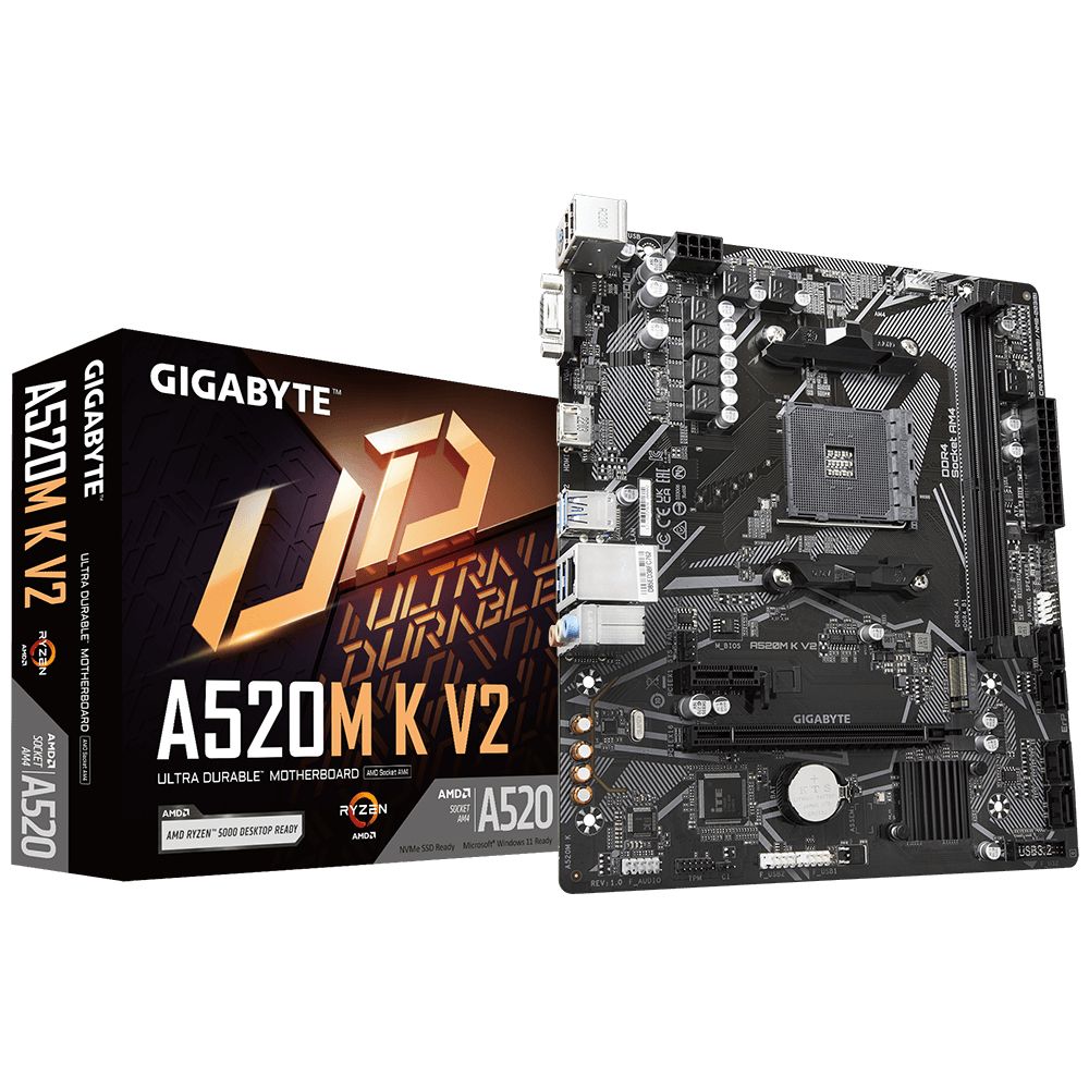 A520M K V2 1.0 - Placa base GIGABYTE A520M K V2: (AM4) 2DDR4 SATA3 M.2 PCIe USB 2.0 USB-A 3.0 HDMI VGA RJ45 PS/2 HDCP 7.1 mATX Gigabit Ethernet
