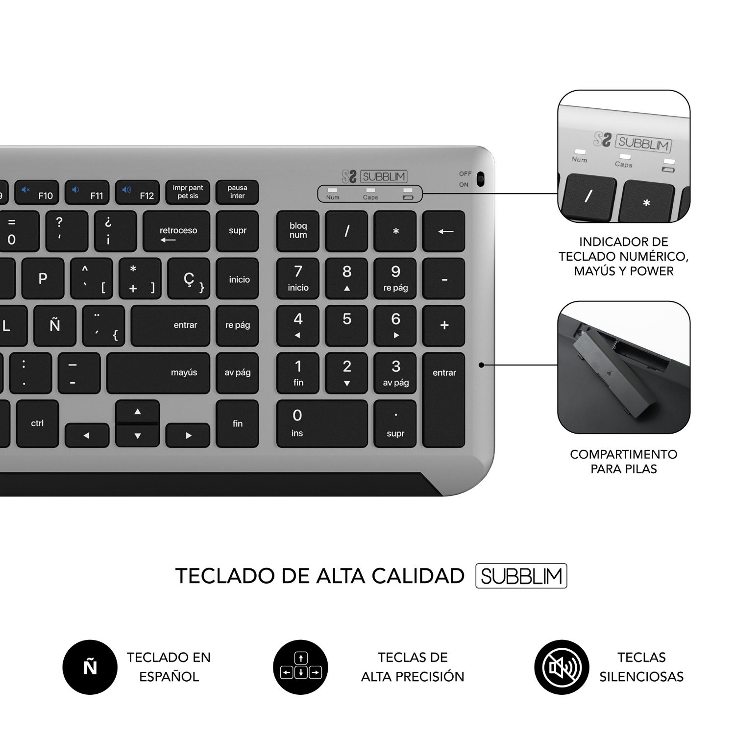 SUBKBC-DCEP20 - Teclado+Ratn SUBBLIM Combo Dual Prestige Extendido Ergonmico Multimedia Multidispositivo 102 Teclas QWERTY Bluetooth 5.0 RF 2.4GHz Ambidextro ptico 1600dpi 4 Botones Negro/Gris (SUBKBC-DCEP20)