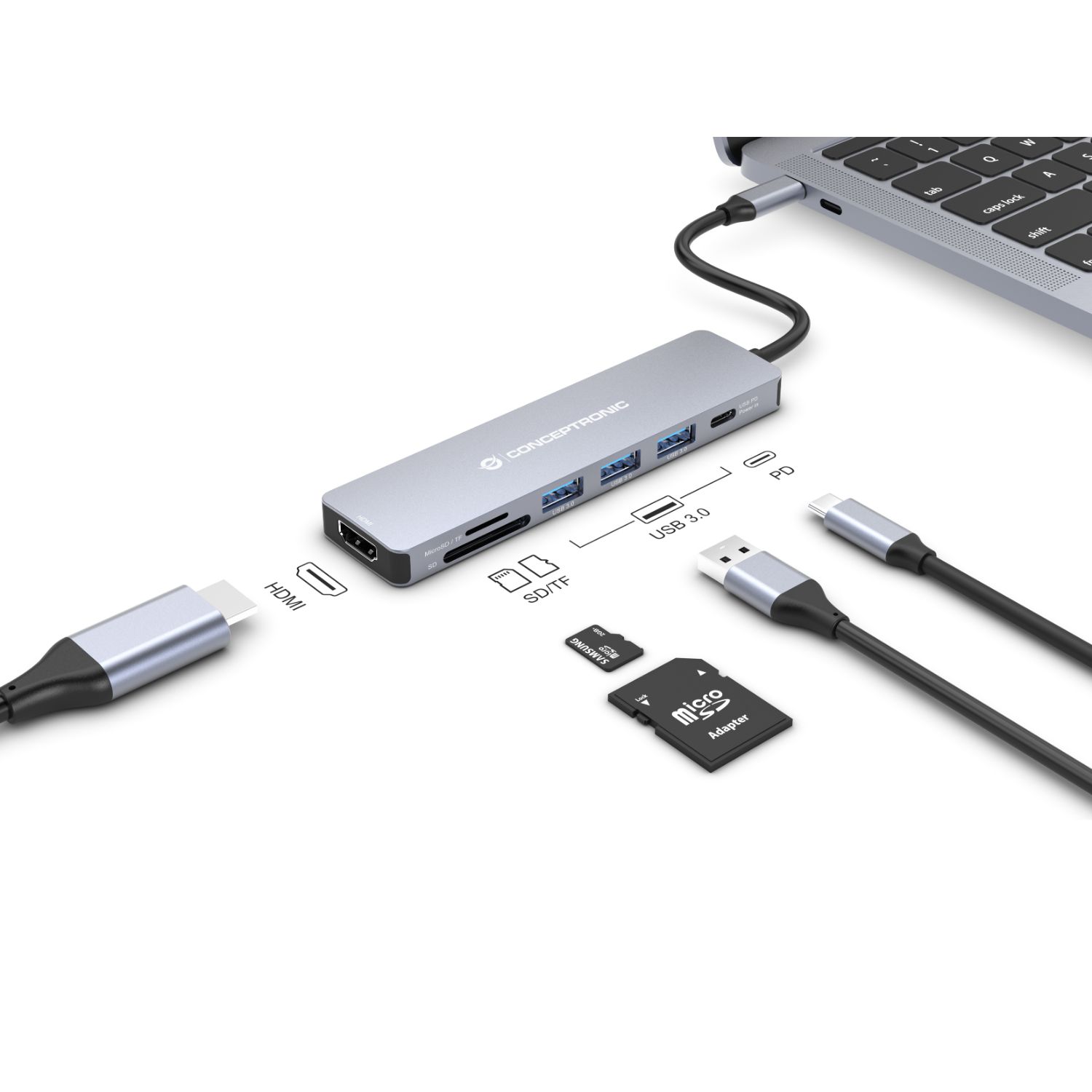 DONN19G - Adaptador CONCEPTRONIC 7en1 USB-C 3.0 a HDMI/USB-C PD 100W/USB-A 3.0/SD/TF/mSD Gris (DONN19G)