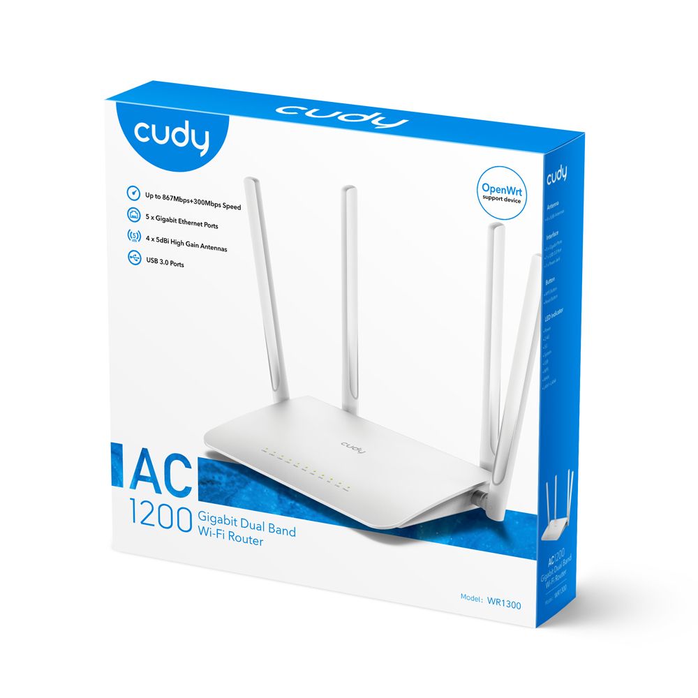 WR1300 - Router CUDY AC1200 WiFi 5 DualBand 4XRJ45 Ethernet LAN/WAN 4 Antenas Externas 5dBi Blanco (WR1300)