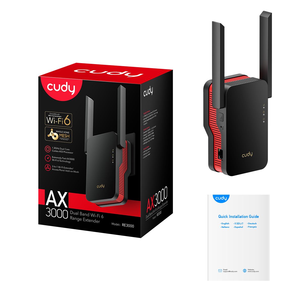 RE3000 - Mesh CUDY AX3000 WiFi 6 DualBand 1xRJ45 2 Antenas Externas 1 Antena Interna Blanco (RE3000)