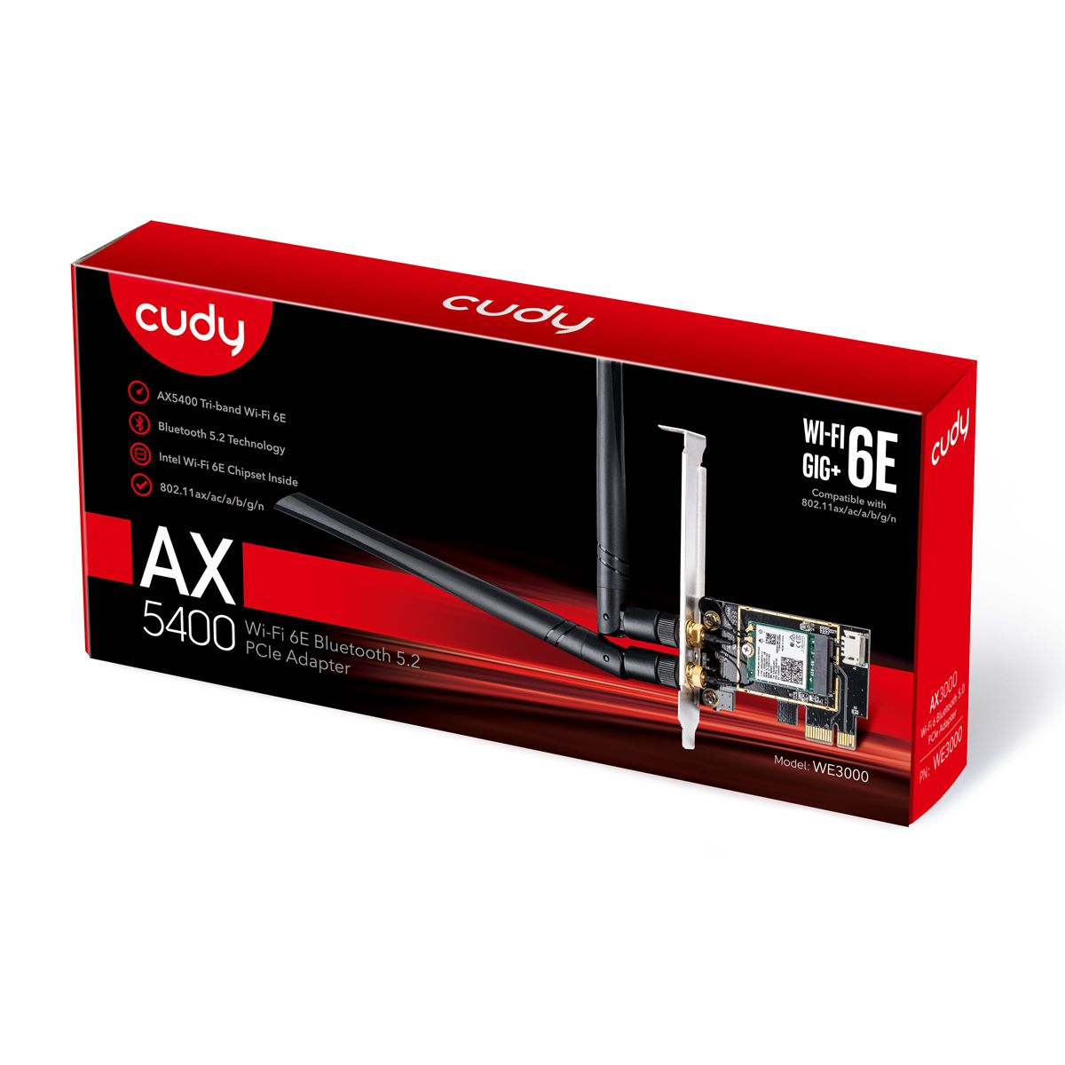WE3000 - Adaptador CUDY AX5400 WiFi 6E TriBand Bluetooth PCIe WLAN 2 Antenas Desmontables 5dBi PC Negro (WE3000)