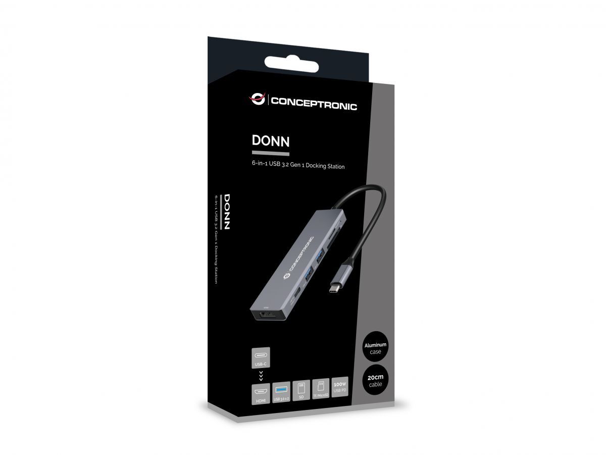 DONN23G - Docking Station CONCEPTRONIC 6en1 USB-C 3.0 a HDMI/USB-A 3.0/USB-C PD 100W/SD/TF/MicroSD Gris (DONN23G)