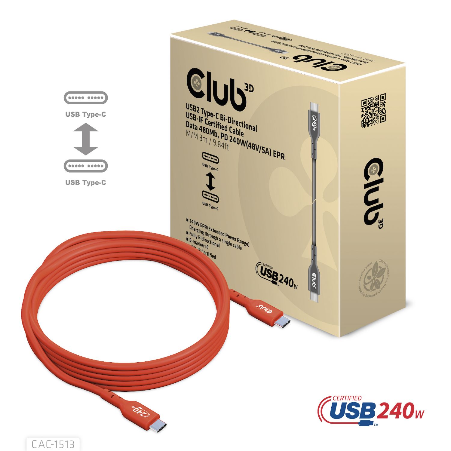 CAC-1513 - Cable Club 3D USB-C 2.0/M a USB-C 2.0/M 3m Naranja (CAC-1513)