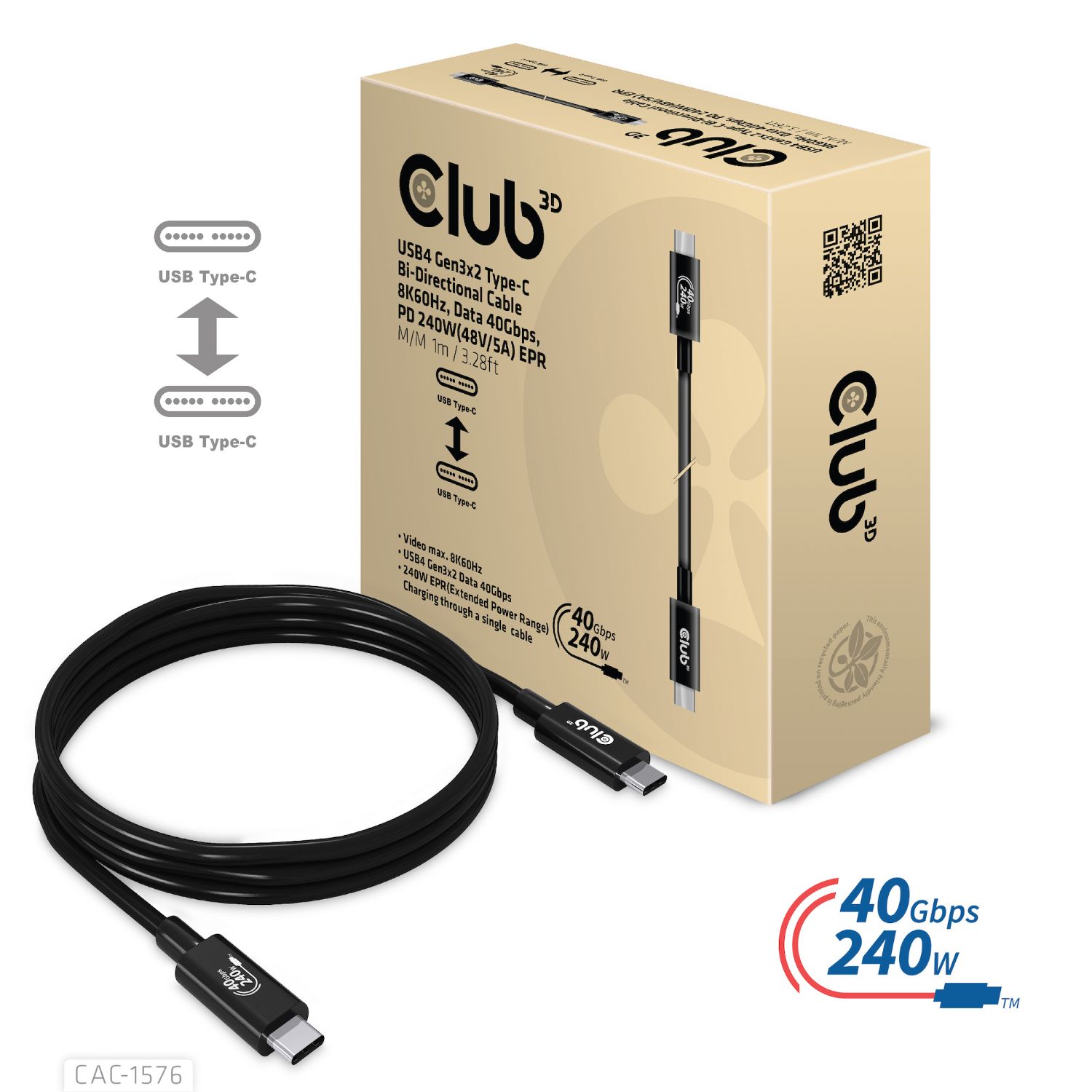 CAC-1576 - Cable Club 3D USB-C 4.0/M a USB-C 4.0/M PD 240W 1m Negro (CAC-1576)