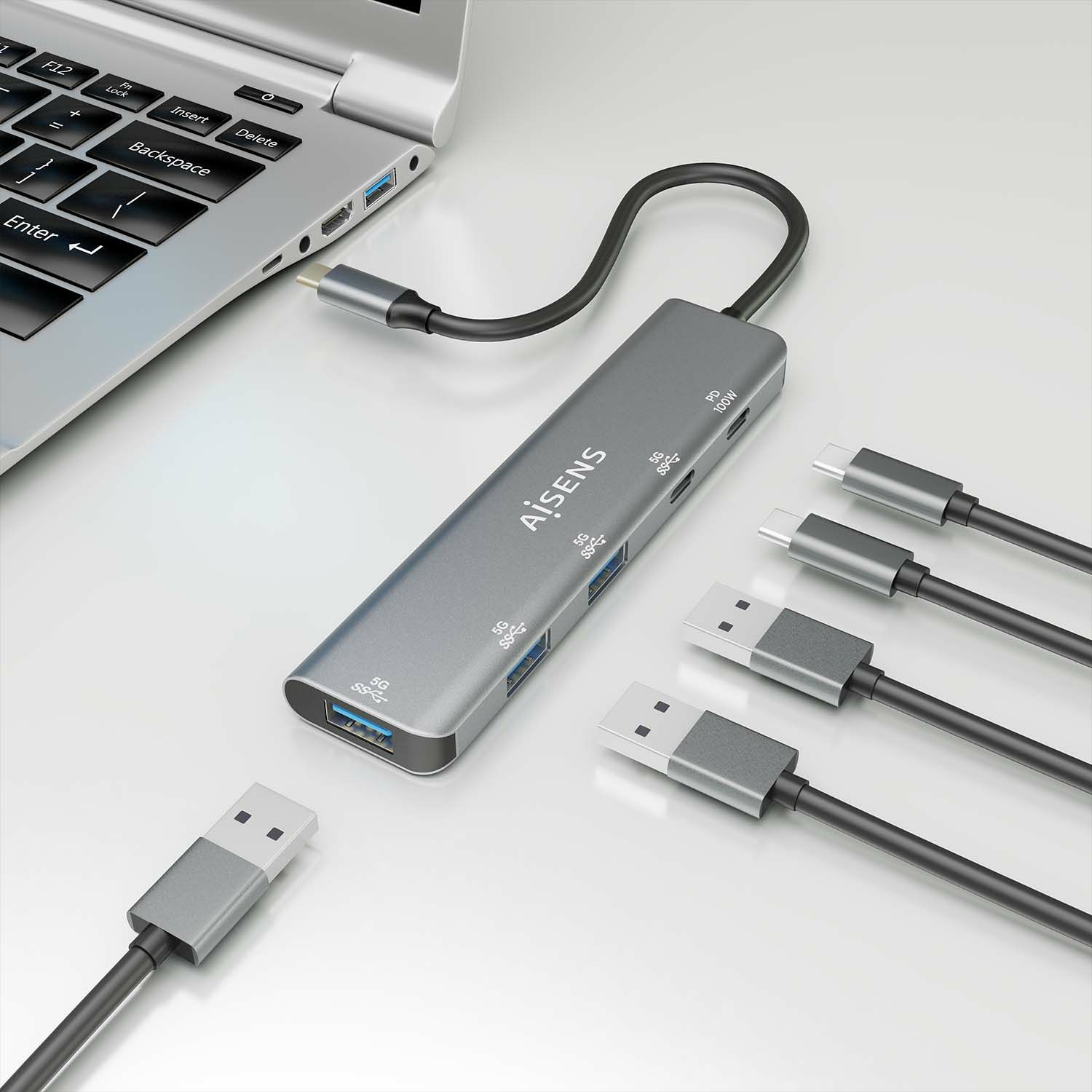 A109-0857 - Hub AISENS USB-C 3.1 a 2xUSB-A 3.1/3xUSB-C 3.1/USB-C PD 100W 0.5m Gris (A109-0857)