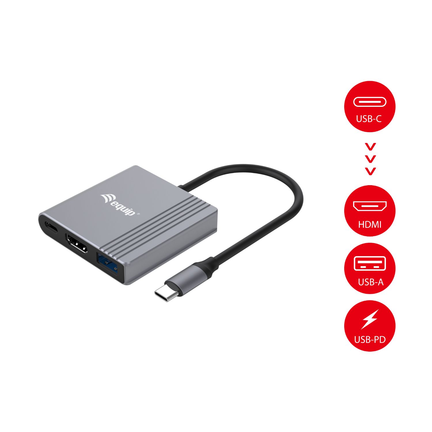 EQ133488 - Dock Station EQUIP USB-C a HDMI 4K/USB-A/USB-C PD 100W Cable 0.25m Negro/Gris (EQ133488)