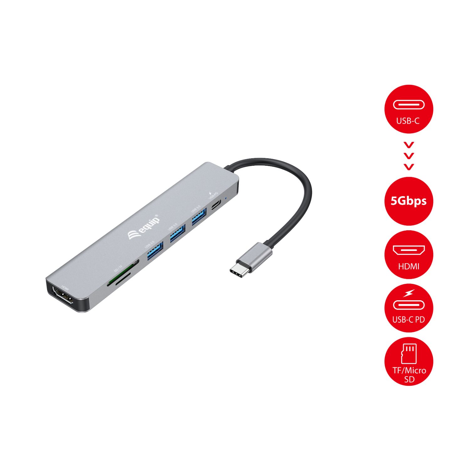 EQ133494 - Dock Station EQUIP 7 en 1 USB-C a HDMI 4K/3xUSB-A/1xUSB-C PD 100W/Lector Tarjetas TF/mSD Gris (EQ133494)