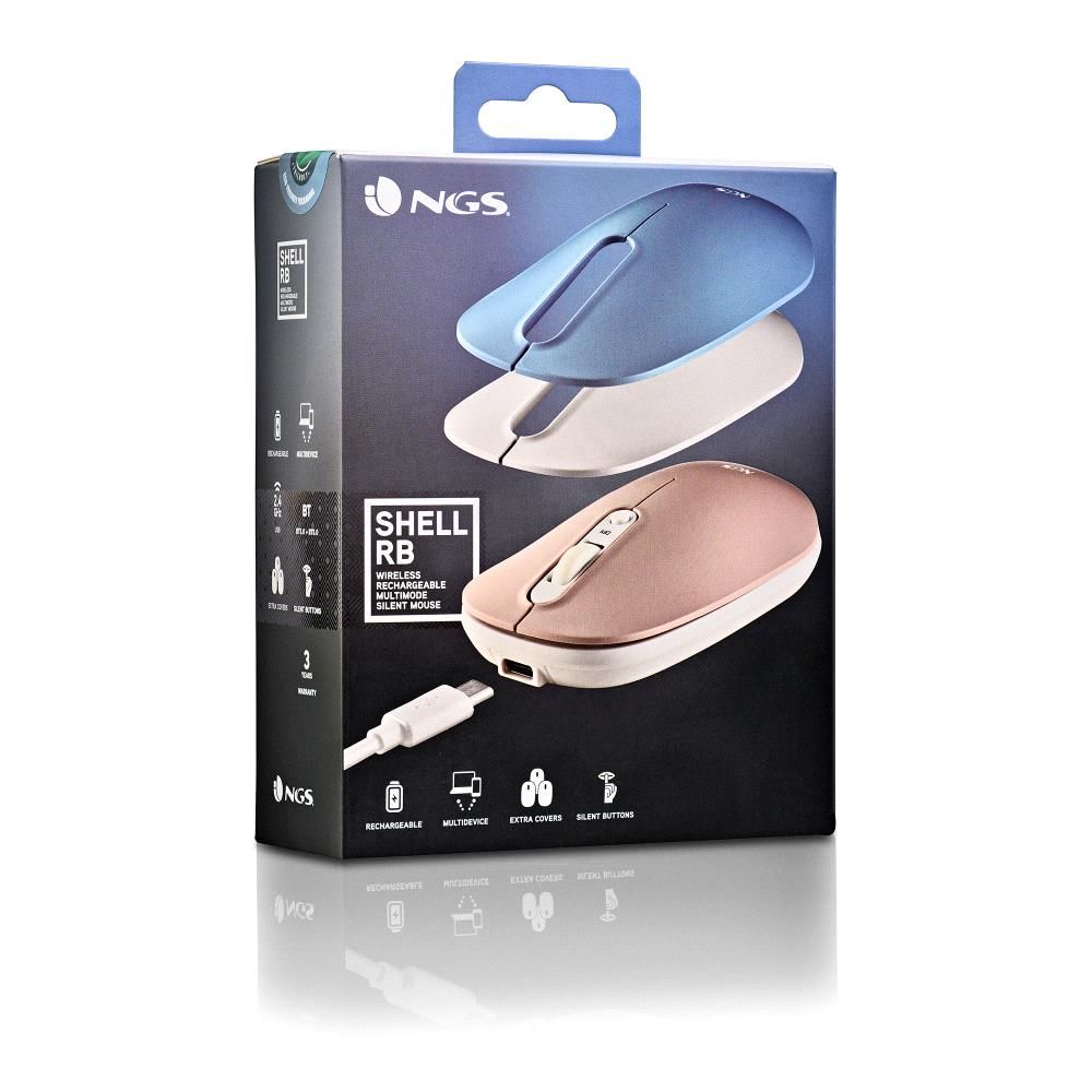 SHELL-RB - Ratn NGS Shell RF 2.4GHz/Bluetooth 5.0 Silencioso Recargable 1000/1200/1600dpi 3 Carcasas Azul/Blanco/Rosa (SHELL-RB)