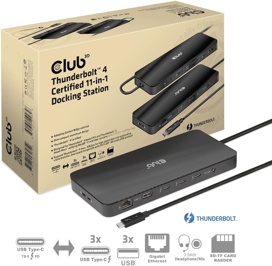 CSV-1582 - Docking Station Club 3D 12en1 USB-C a 1xUSB-C/1xDP 8K/1xHDMI 8K/1xHDMI 4K 60Hz/2xUSB-A 2.0/2xUSB-C/1xRJ45 2.5GbE/1x3.5mm/Thunderbolt 4 Negro (CSV-1582)