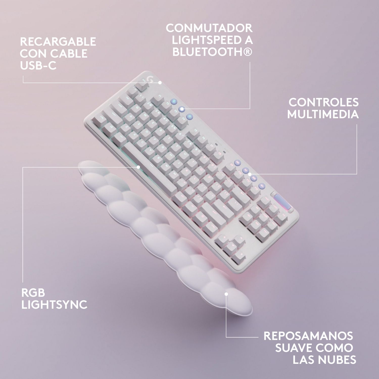 920-010685 - Teclado Gaming Mecnico LOGITECH G715 Reposamuecas LightSpeed Diestro QWERTY 87 Teclas Wireless RF Bluetooth Cable 1.8m Blanco Niebla (920-010685)