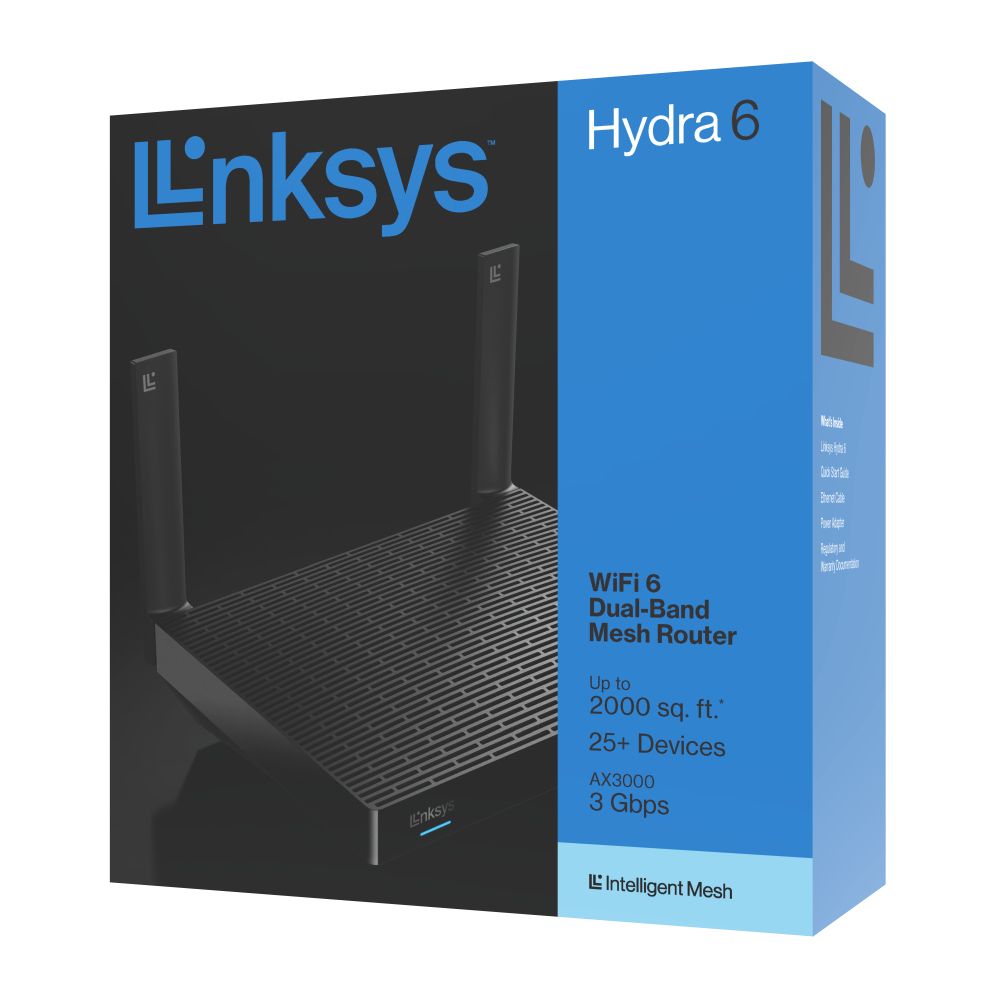 MR2000-KE - Router Mesh Linksys Hydra 6 AX3000 WiFi 6 DualBand 4xRJ45 Gigabit Ethernet LAN Ethernet WAN 1xUSB-A 3.0 2 Antenas Externas Negro (MR2000-KE)