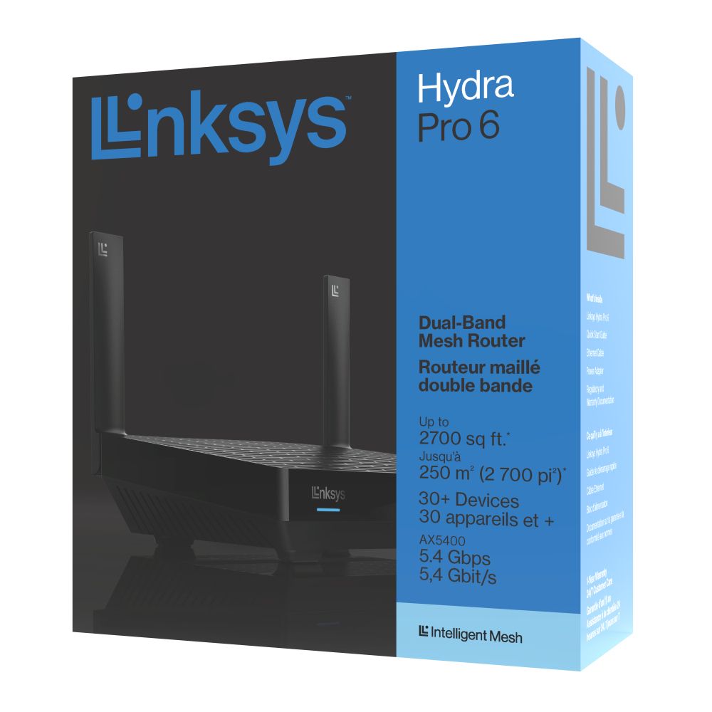 MR5500-KE - Router Mesh Linksys Hydra Pro 6 AX5400 DualBand 4xRJ45 Gigabit Ethernet LAN Ethernet WAN 1xUSB-A 3.0 2 Antenas Externas Negro (MR5500-KE)