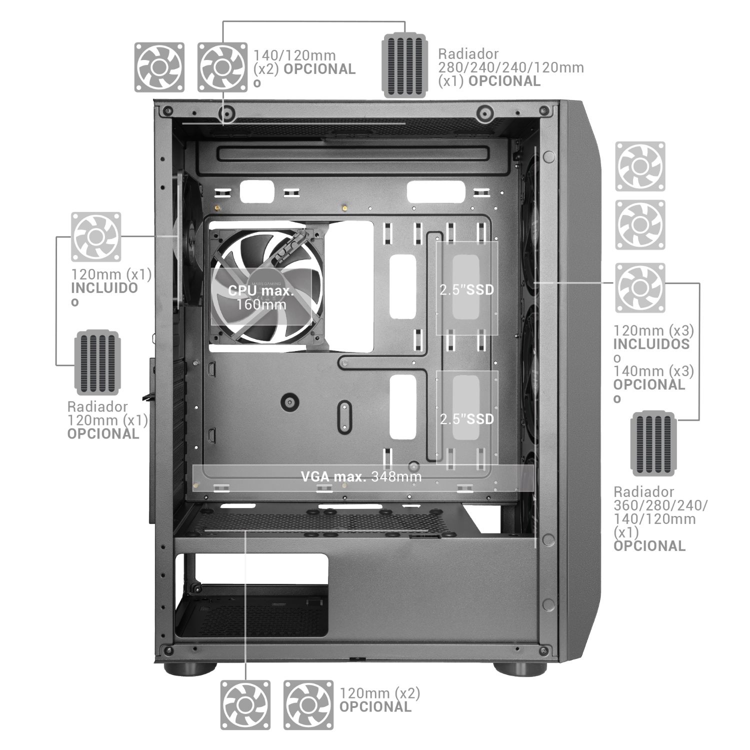 MCPRO2 - Caja Profesional Mars Gaming Premium XXL Ventana Lateral Completa de Cristal Templado Sistema CPU Freezer 2xUSB 2.0 1xUSB-A 3.0 EATX ATX mATX Mini-ITX Negra (MCPRO2)