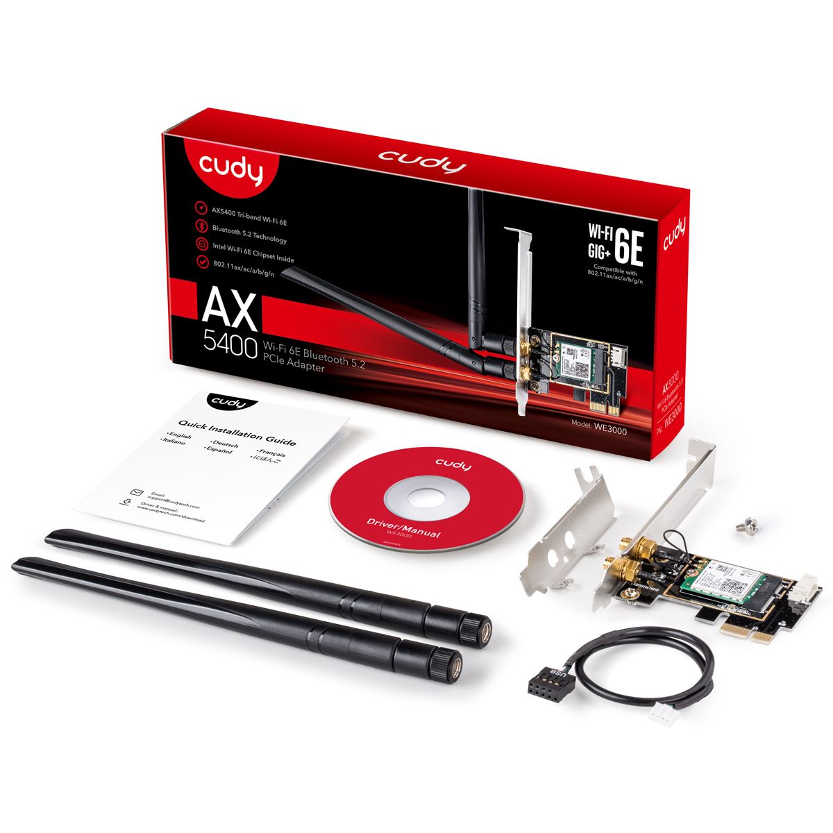 WE3000 - Adaptador CUDY AX5400 WiFi 6E TriBand Bluetooth PCIe WLAN 2 Antenas Desmontables 5dBi PC Negro (WE3000)