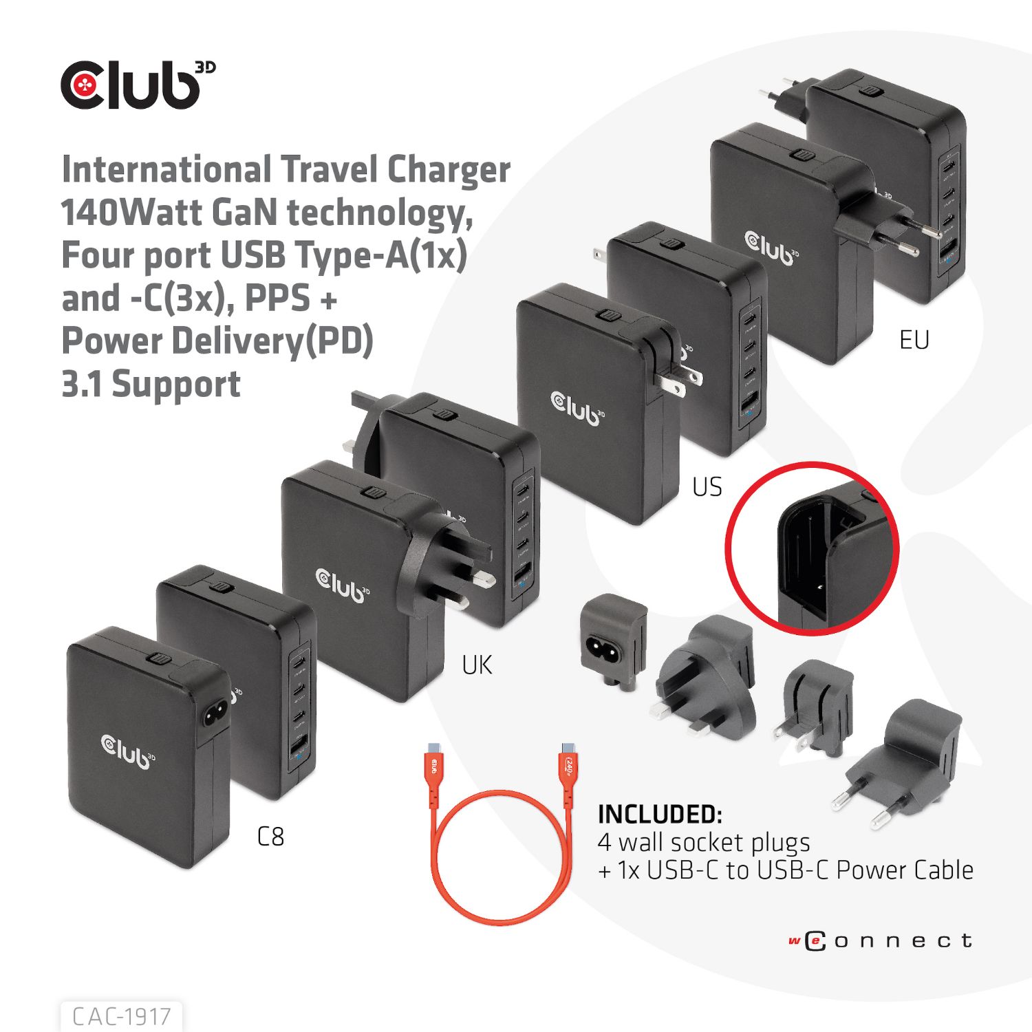 CAC-1917 - Cargador de Viaje Club 3D 140W PD 3.1 3xUSB-A 1xUSB-C Negro (CAC-1917)