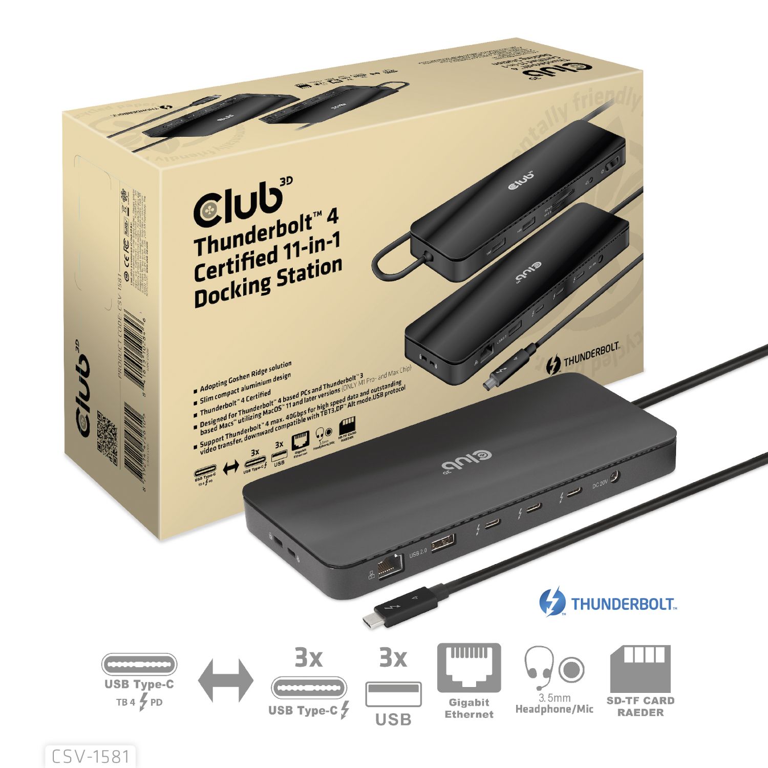 CSV-1581 - Docking Station Club 3D 11en1 Thunderbolt 4 a 1xUSB 4.0/3xUSB-A 2.0/3xUSB-A 3.1/1xSD/1xTF/1xRJ45 GbE/1x3.5mm Negro (CSV-1581)
