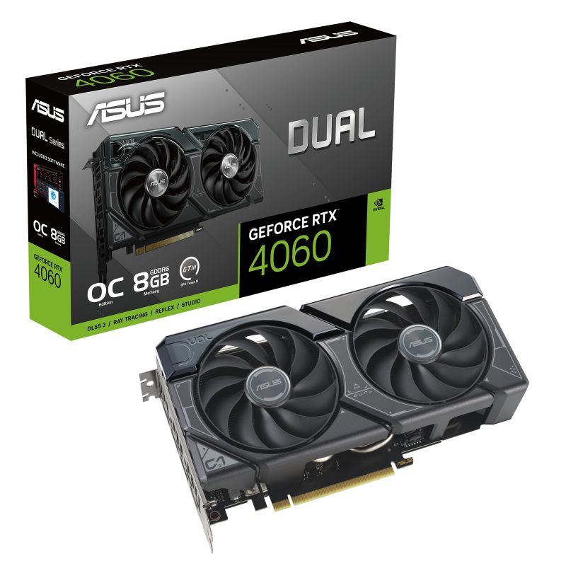 90YV0JC0-M0NA00 - ASUS GeForce DUAL-RTX4060-O8G RTX 4060 8Gb GDDR6 PCIe 4.0 1xHDMI 3xDP HDCP 2.3 OpenGL 4.6 (90YV0JC0-M0NA00)