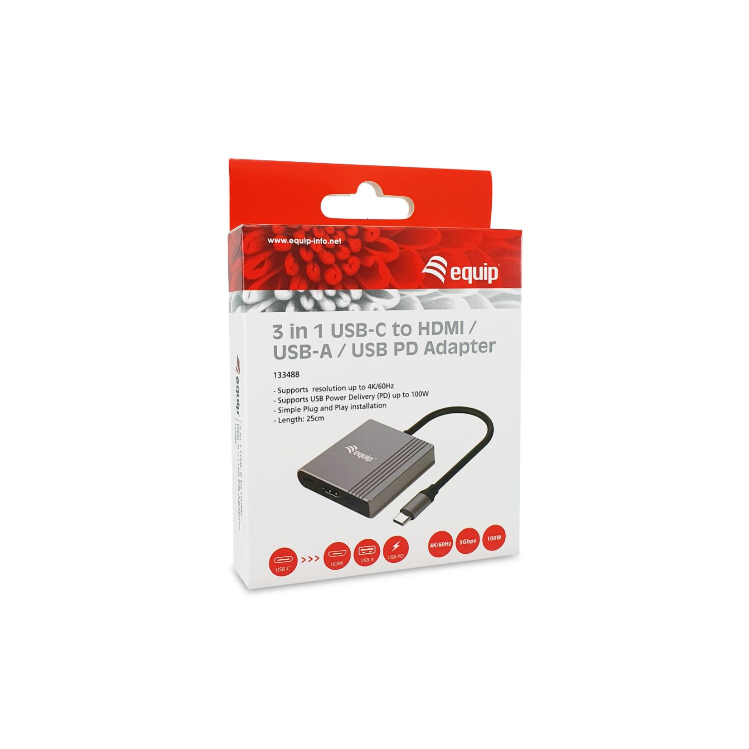 EQ133488 - Dock Station EQUIP USB-C a HDMI 4K/USB-A/USB-C PD 100W Cable 0.25m Negro/Gris (EQ133488)