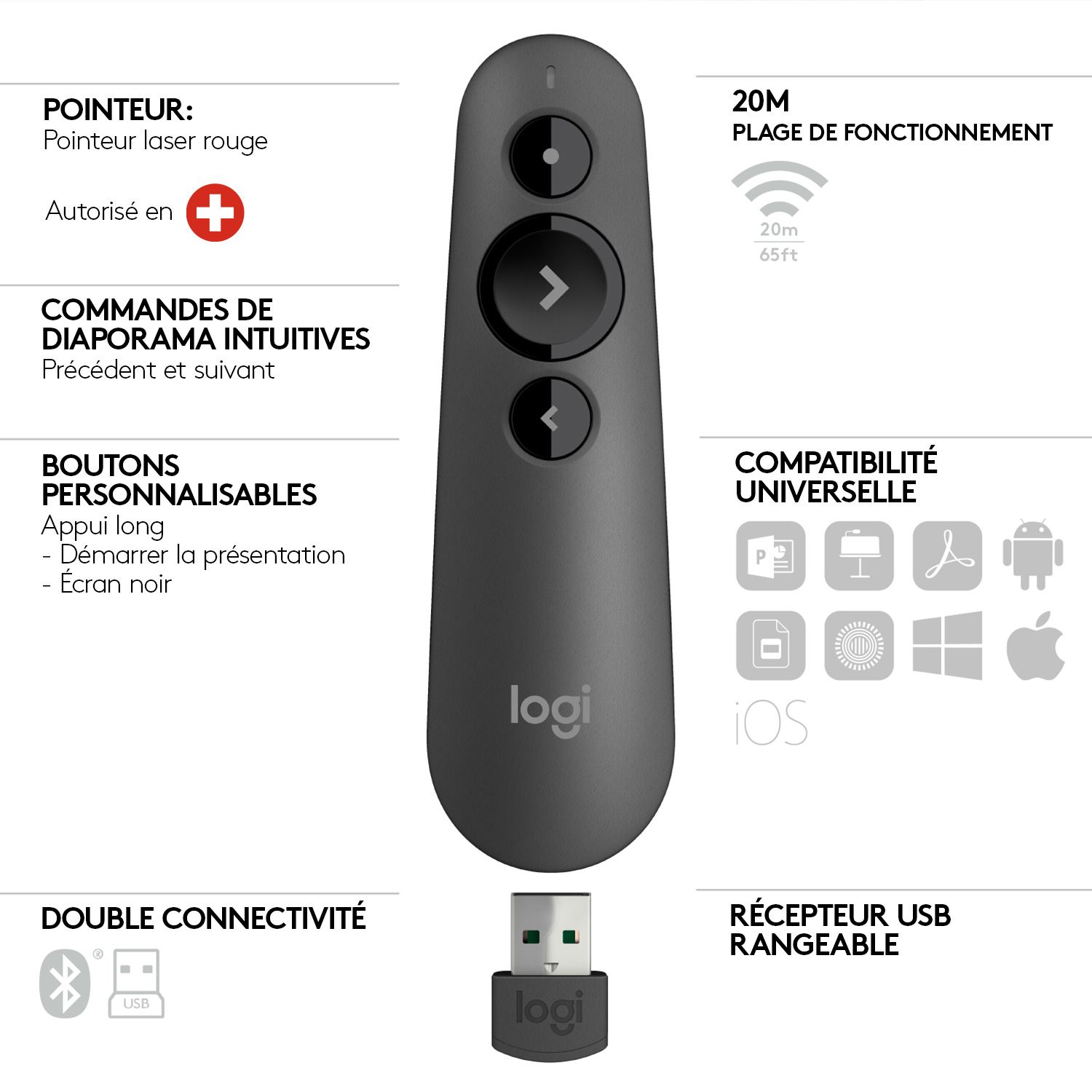 910-005843 - Presenter LOGITECH R500 Lser RF Wireless/Bluetooth Grafito (910-005843)