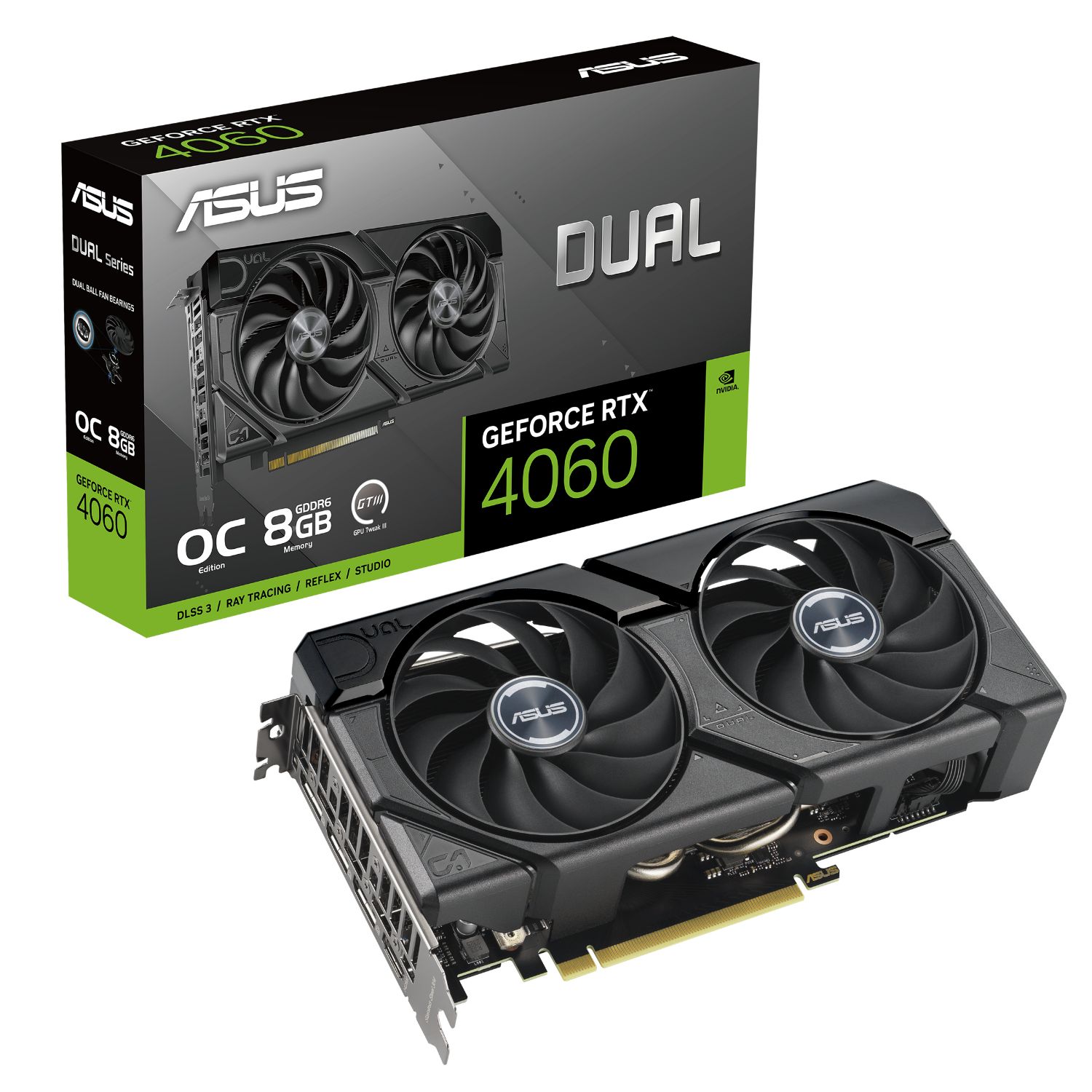 90YV0JC7-M0NA00 - Tarjeta Grfica ASUS Nvidia GeForce Dual-RTX4060-O8G-EVO 8Gb GDDR6 3xDP 1.4a 1xHDMI 2.1a PCIe 4.0 HDCP 2.3 Nvidia Ansel Nvidia G-Sync OpenGL 4.6 DirectX 12 Ultimate (90YV0JC7-M0NA00)