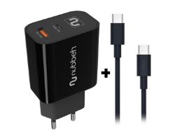 NBWALLCHB/NBCABLCCB - Cargador de Pared NUBBEH Bhoot PD 3.0 30W + Cable Borealis USB-C/USB-C QC 3.0 60W 1.5m Negro (NBWALLCHB/NBCABLCCB)