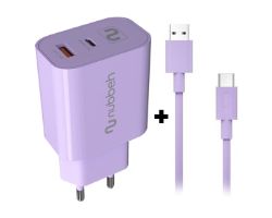 NBWALLCHP/NBCABLACP - Cargador NUBBEH de Pared Bhoot 30W + Cable Borealis USB-A/USB-C QC 3.0 60W 1.5m Lila (NBWALLCHP/NBCABLACP)