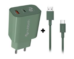 NBWALLCHG/NBCABLACG - Cargador de Pared NUBBEH Boot PD 3.0 30W + Cable Borealis USB-A/USB-C QC 3.0 60W 1.5m Verde (NBWALLCHG/NBCABLACG)