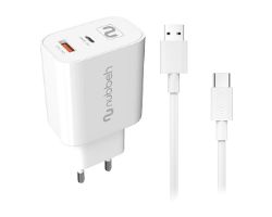 NBWALLCHW/NBCABLACW - Cargador de Pared NUBBEH Bhoot 30W Dual + Cable Borealis USB-A/C 1.5m Blanco (NBWALLCHW/NBCABLACW)