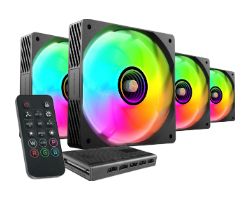 MFSI4KIT - Kit MARS GAMING 4Ventiladores ARGB 120mm Negros +Hub con mado a distancia. (MFSI4KIT)
