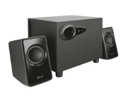 OUT4579 - Altavoces Trust 2.1 9W Subwoofer 3.5mm Negros (20442) (OUT4579). Buen estado (nuevo). Caja deteriorada. Completo. (OUTLET)
