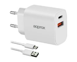 APPUSBWALL20W - Cargador de pared APPROX 1Usb-C PD 1Usb-A3.0 20W +Cable, Blanco. (APPUSBWALL20W)