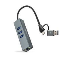 10.03.0412 - Conversor Nanocable USB-A+USB-C/M 3.0 a RJ45+3xUSB-A 3.0 15cm Gris (10.03.0412)