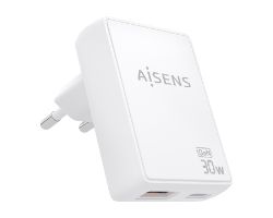 ASCH-30W2P074-W - Cargador de Pared AISENS GaN 30W PD 3.0 QC 3.0 1xUSB-A 1xUSB-C Blanco (ASCH-30W2P074-W)