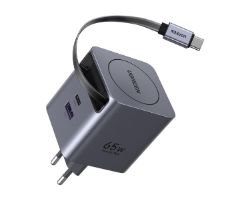 65825 - Cargador Ugreen GaN 65W 1xUSB-A 1xUSB-C Carga R�pida Cable Retr�ctil Gris (65825)
