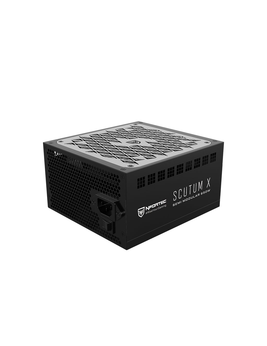 NF-PSU-SCUTUMX-SM-650W - Fuente Nfortec Scutum X ATX 650W Semi Modular 85% 140mm 20+4 pin ATX EPS 2xMolex 5xSATA 2xPCIe 80+ Bronze Negra (NF-PSU-SCUTUMX-SM-650W)