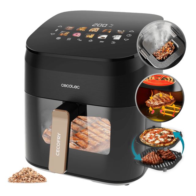 A01_EU01_101135 - Freidora de aire CECOTEC Cecofry&Grill Smokin 6500 con doble grill y ahumador para dorado perfecto y sabor de parrilla en carnes, capacidad de 6,5 litros y potencia de 2200 W para platos saludables.(A01_EU01_101135)