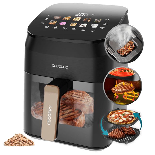 A01_EU01_101134 - Freidora de Aire CECOTEC Cecofry&Grill Smokin 4500, con doble grill y ahumador para dorado perfecto y sabor de parrilla en carnes, capacidad de 4.5 litros y potencia de 1900 W para platos saludables. (A01_EU01_101134)