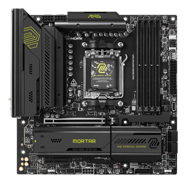 911-7E61-001 - Placa base MSI MAG MORTAR B850M WIFI: (AM5) 4DDR5 M.2 SATA3 PCIe USB-A 3.0/3.1 USB-C 3.1 HDMI RJ45 7.1 mATX WiFi 7 Bluetooth 5.4 Ethernet 5GbE