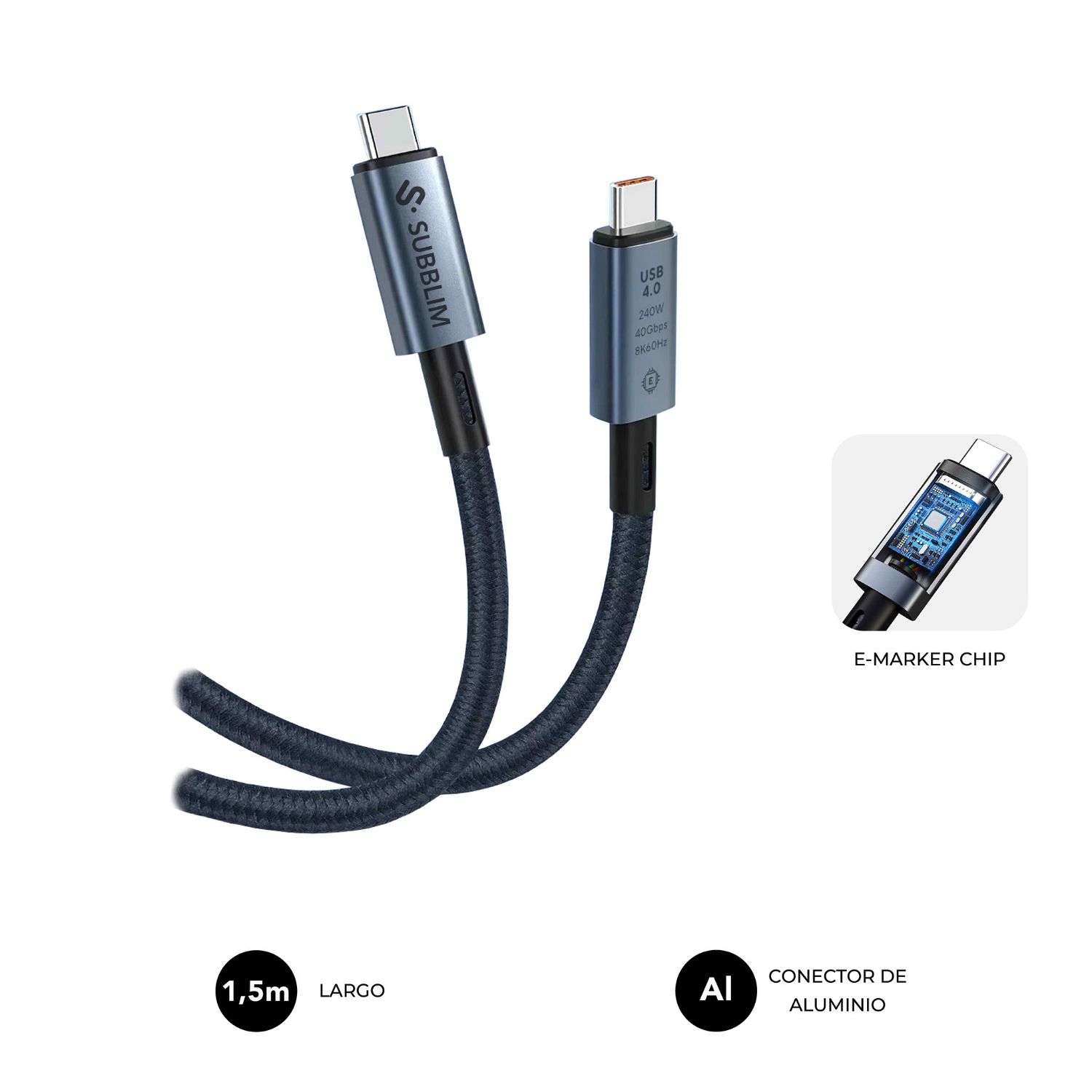 SUBCAB-C24010 - Cable SUBBLIM USB-C 4.0 8K a USB-C 240W 1.5m Negro (SUBCAB-C24010)