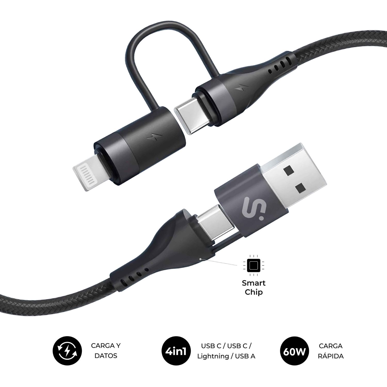 SUBCAB-4IN101 - Cable SUBBLIM USB-A/C/C/Lightning 60W 1m Negro (SUBCAB-4IN101)
