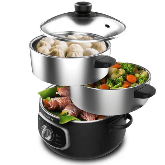 A01_EU01_100072 - Vaporera elctrica CECOTEC Vapovita SteelPot 1300W, con 3 recipientes de acero inoxidable y 10 L de capacidad total.(A01_EU01_100072)