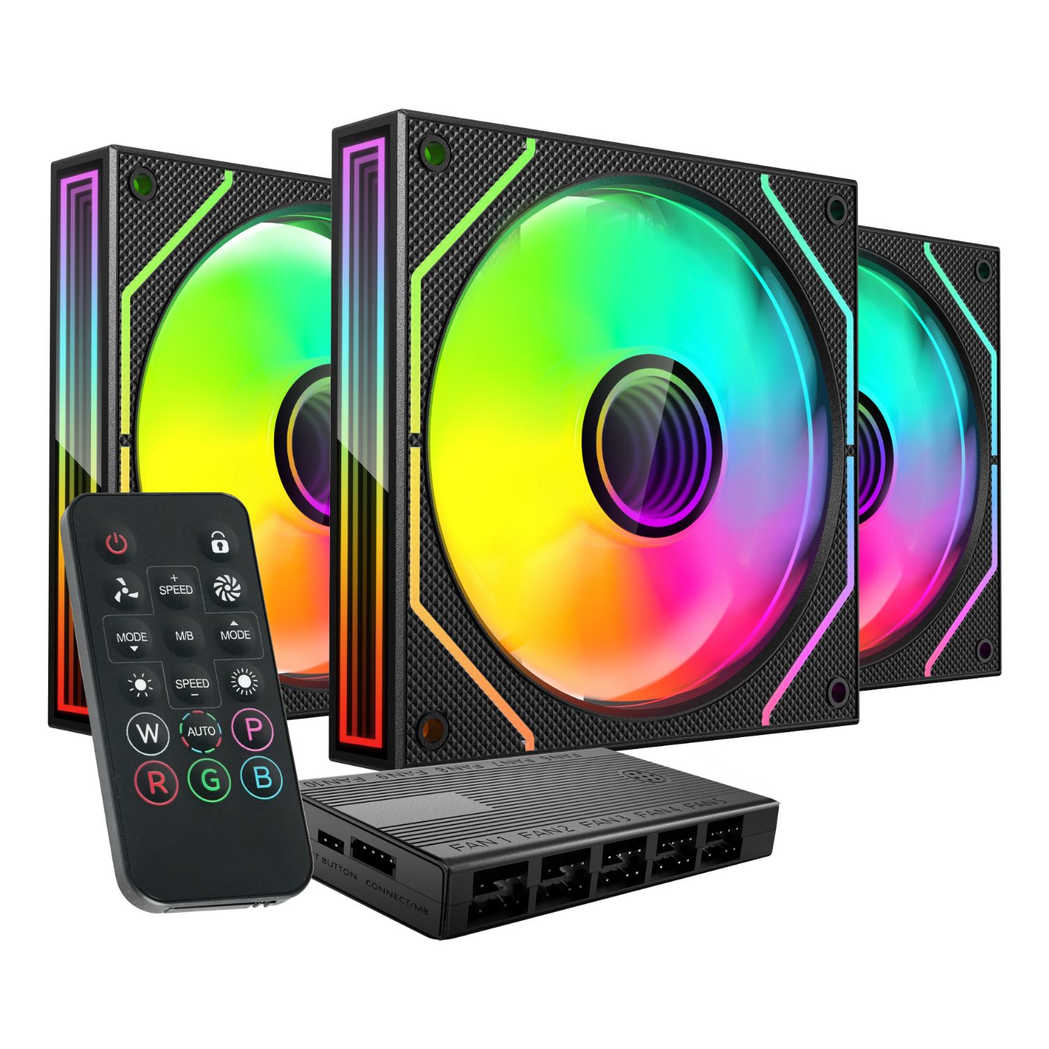 MF3DPROKIT - Ventilador MARS GAMING ARGB 3Unidades, 120mm, con HUB ARGBy mando a distancia. Negro(MF3DPROKIT)