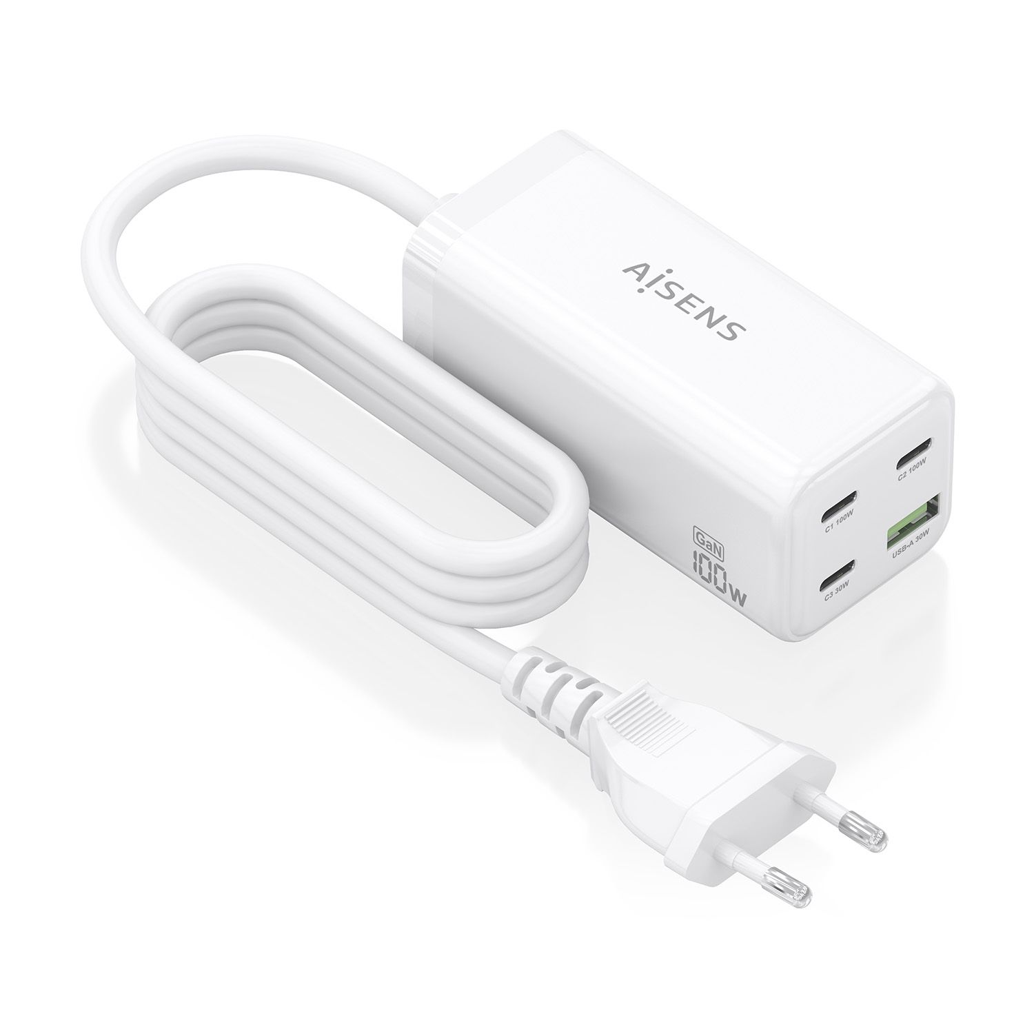 ASCH-100W4P053-W - Cargador de sobremesa AISENS GaN 100w 3Usb-C 1Usb-A Blanco (ASCH-100W4P053-W)