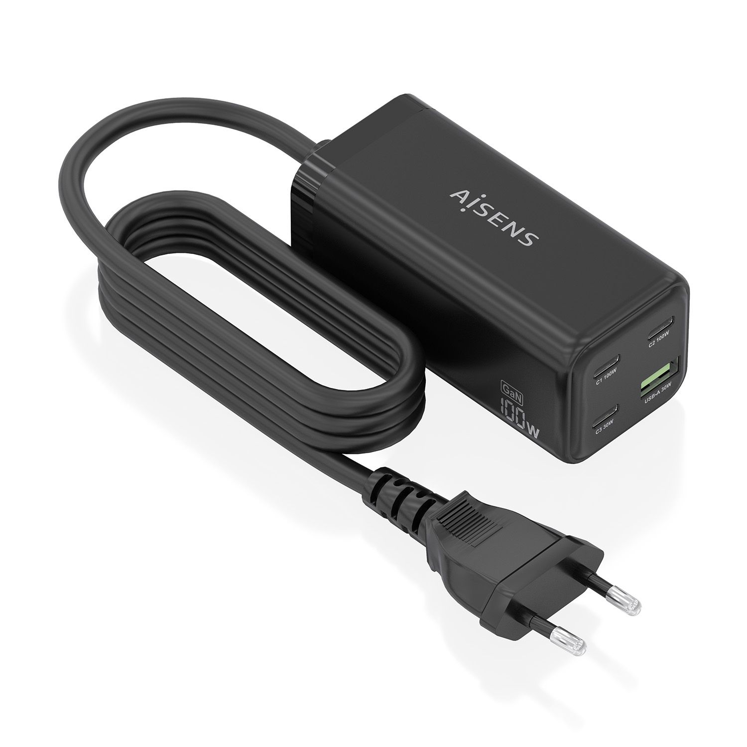 ASCH-100W4P054-BK - Cargador de sobremesa AISENS GaN 100w 3Usb-C 1Usb-A Negro (ASCH-100W4P054-BK)