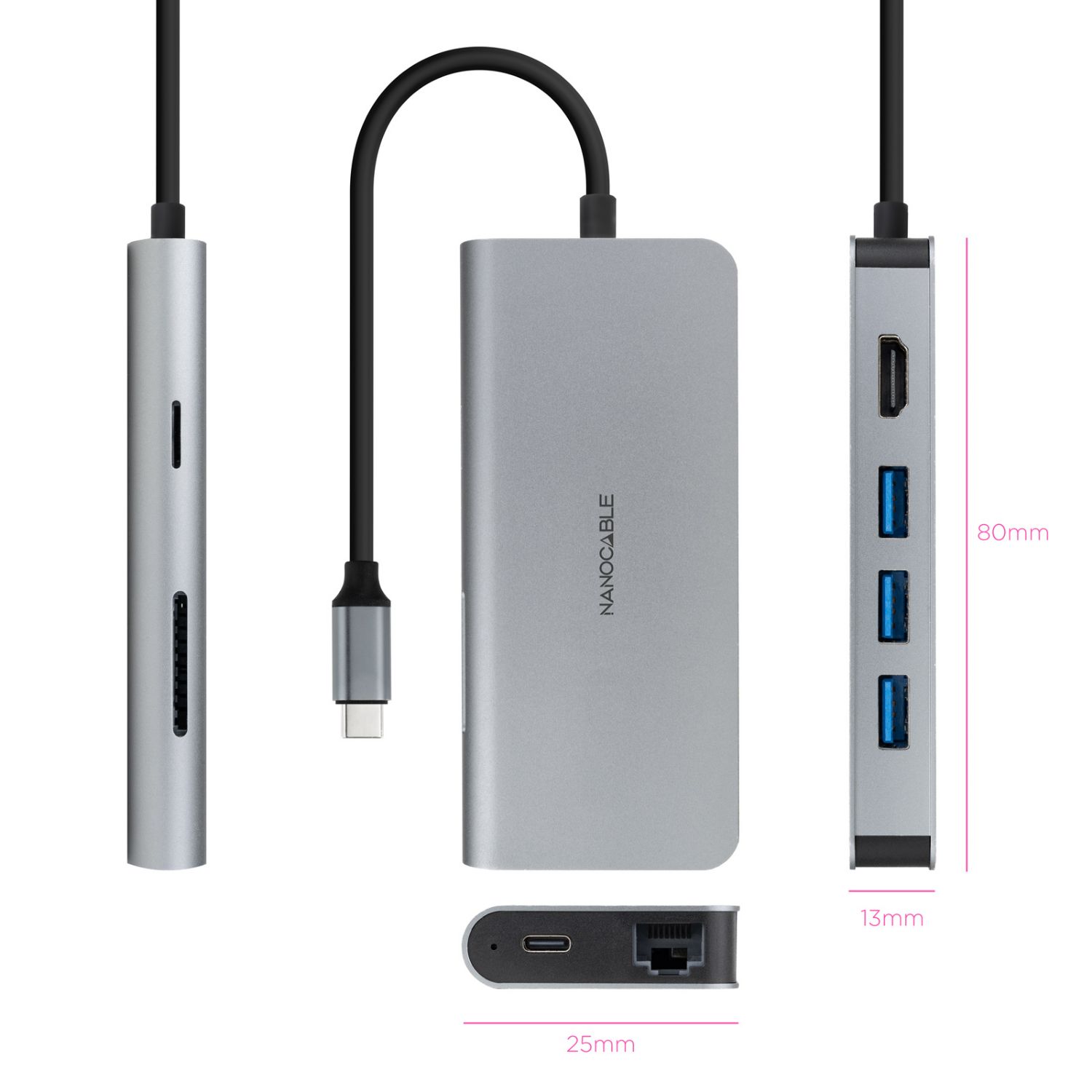 10.16.4609 - Docking Nanocable 8en1 Usb-C a 3xUsb/ 1xHDMI 4K/ 1xRJ45/ 1xLector tarjetas/ 1xUsb-C PD/ Gris (10.16.4609)