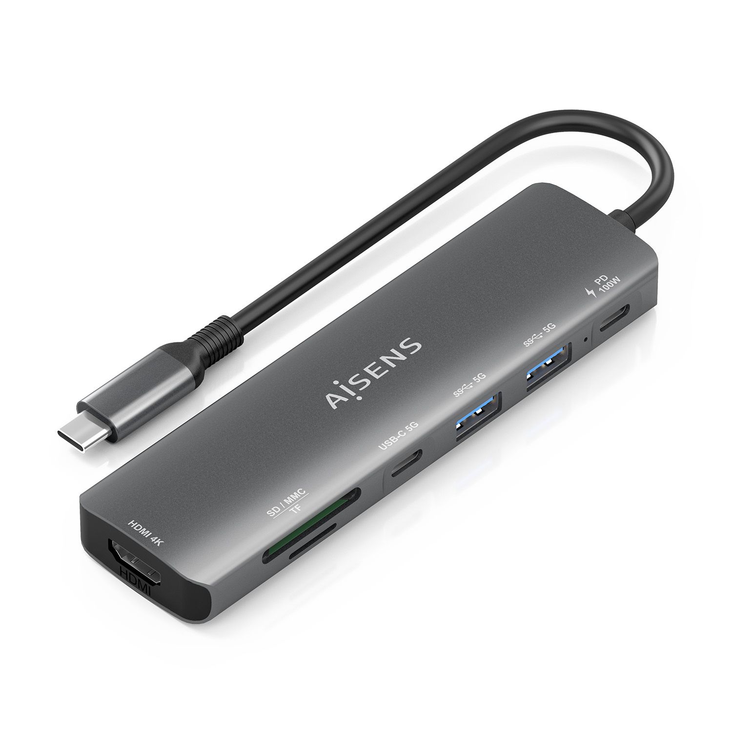 ASUC-7P026-GR - Docking AISENS 7en1 Usb-C a 1xHDMI/ 2xUsb-A/ 1xUsb-C / 1xUsb-C PD/ 1xLector Tarjetas. Gris (ASUC-7P026-GR)